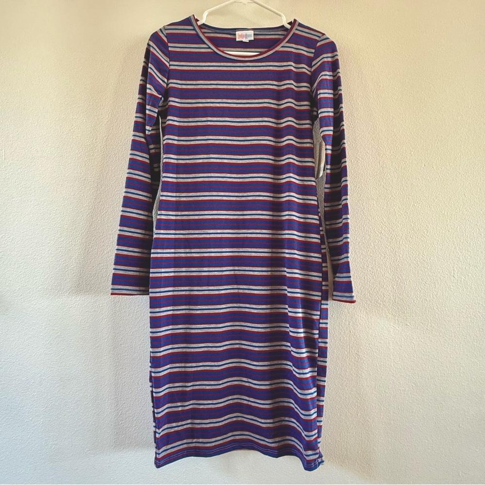 Striped Blue, Red, and Gray Dress